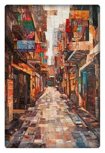 A colorful abstract painting of a narrow alleyway, with geometric shapes and vibrant hues representing buildings and streets in a stylized urban scene.