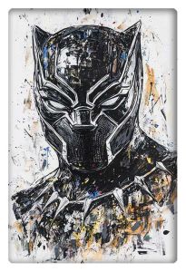 Abstract Black Panther portrait in mixed splatter art style, featuring the iconic suit and strong facial expression.