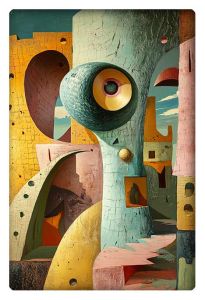 Abstract surrealist composition with geometric shapes, bold colors, and an eye motif creating a surreal landscape.