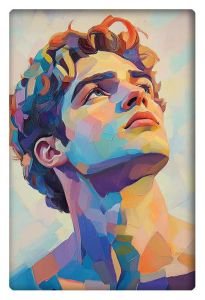 Vibrant portrait of a young man looking upward, painted in abstract, colorful geometric shapes.