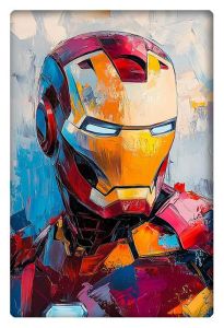 Bold and vibrant abstract painting of Iron Man's suit with strong colors and textured brushstrokes.