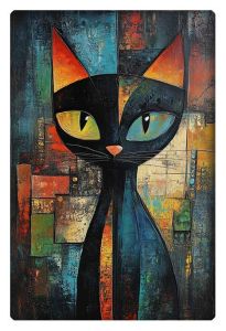 Abstract oil painting featuring a black cat with vibrant orange and blue highlights, standing against a textured background.