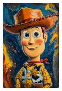 Artistic reimagining of Woody from Toy Story with an abstract, vibrant background.