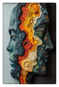 A three-dimensional, abstract artwork depicting two faces in profile, made from layers of intricate, colorful patterns resembling genetic sequences.