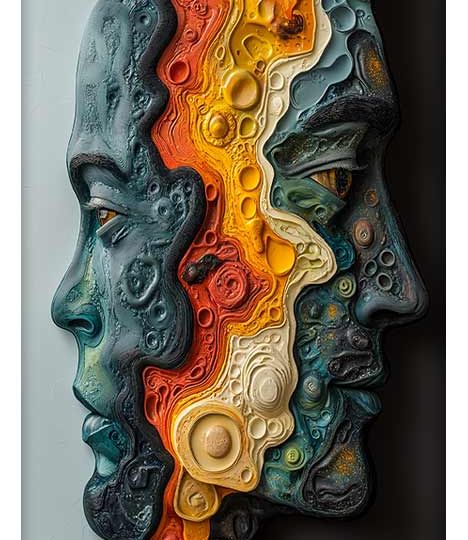 A three-dimensional, abstract artwork depicting two faces in profile, made from layers of intricate, colorful patterns resembling genetic sequences.