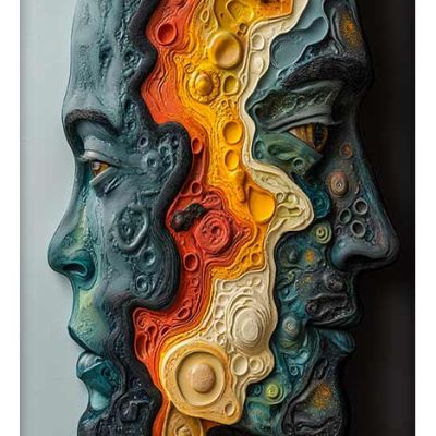 A three-dimensional, abstract artwork depicting two faces in profile, made from layers of intricate, colorful patterns resembling genetic sequences.