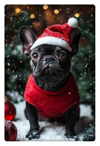 A cute French Bulldog wearing a Santa hat and festive red sweater, sitting in a snowy, Christmas-themed setting.