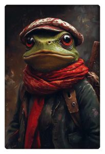 Frog wearing a red scarf and beret, exuding an adventurous and artistic vibe in detailed attire.