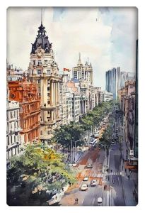 A watercolor illustration of Buenos Aires cityscape, showcasing a tree-lined avenue and historic architecture from an aerial perspective.