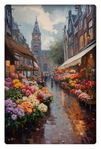 Oil painting of Amsterdam Flower Market on a rainy day, with vibrant blooms lining the wet cobblestone street.