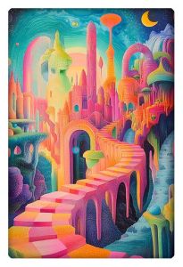 A vibrant, surreal dreamscape featuring a fantastical city of colorful, towering structures. A winding, pink and yellow checkered path leads through arches and bridges, with a celestial sky and crescent moon overhead.