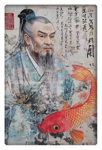 Ancient Chinese man with a vibrant koi fish in traditional style.