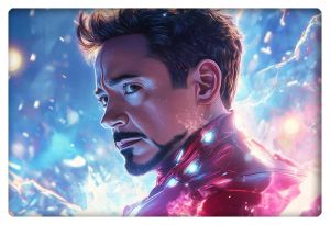 Cinematic 3D anime-style close-up of Iron Man with glowing armor and intense expression.