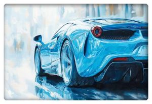 Rear view of a sleek light blue sports car in motion, digitally painted with dynamic strokes and reflective highlights.