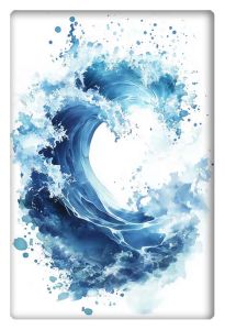 A stunning watercolor painting depicting a crashing ocean wave with vibrant shades of blue and splashes of white.