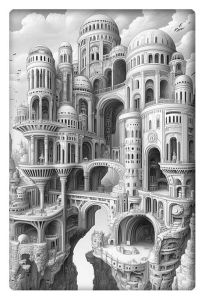 A highly detailed, surreal black-and-white drawing of a complex, futuristic city with domed structures, arches, and bridges built on a cliffside.