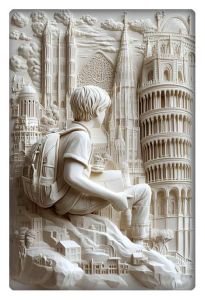 Monochromatic relief-style artwork of a young traveler with a backpack, surrounded by iconic architectural landmarks like the Leaning Tower of Pisa and gothic cathedrals.