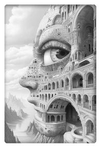 Highly detailed surreal artwork blending human facial features with intricate architectural designs in grayscale.