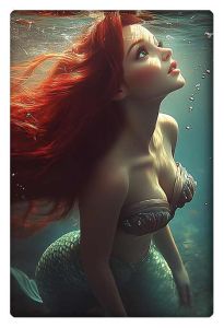 Ariel the Mermaid looking upwards while underwater, illuminated by soft, glowing light with her red hair flowing around her.