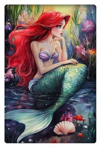 Ariel the Mermaid sitting gracefully in a colorful underwater scene with vibrant coral and sea creatures.