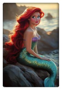 Ariel from Disney's The Little Mermaid sitting on a rock with flowing red hair, gazing into the distance.