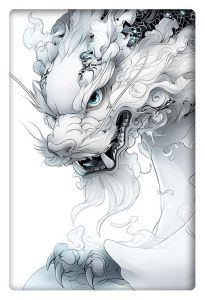 Intricate AI artwork of a white and silver Chinese dragon with detailed swirls and blue accents.