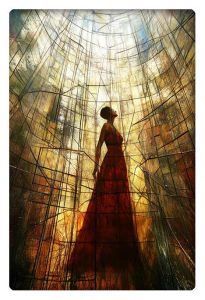 A powerful AI-generated artwork featuring a woman in a flowing red dress standing in a towering architectural structure, illuminated by golden light filtering through abstract, geometric lines.