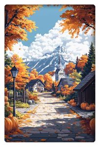 An anime-style illustration of a quaint mountain village in the fall, with vibrant orange trees, pumpkins lining the path, and a towering snow-capped mountain in the background.