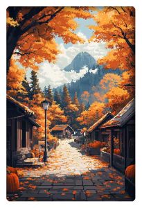 A scenic autumn village with vibrant orange foliage, pumpkins, and a majestic mountain in the background.