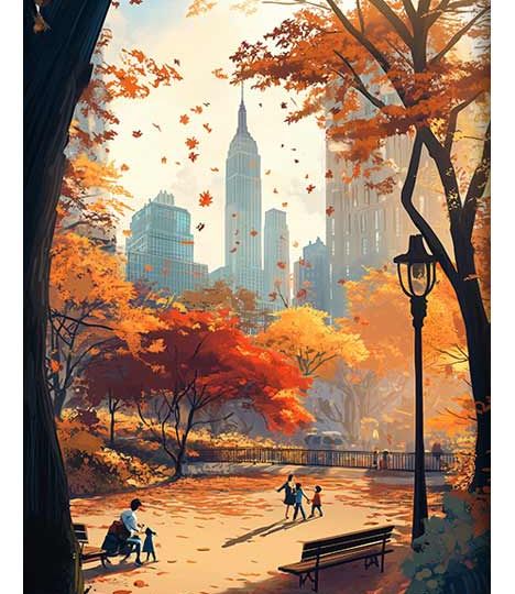 Autumn park with orange trees, people walking, and Empire State Building in the background.