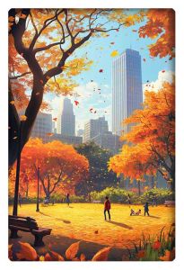 Illustration of a park in autumn with vibrant orange trees, people walking, and tall city buildings in the background.