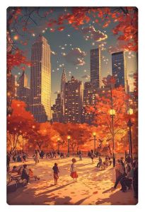 A warm and vibrant illustration of a city park in the fall, with glowing streetlights, people strolling, and autumn leaves framing the skyline of tall buildings in the background.