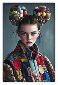 High-fashion model with intricate hairstyle and colorful patchwork jacket, exuding avant-garde elegance.