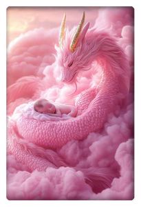 A tender scene of a baby cradled by a majestic pink dragon, surrounded by soft clouds in a dreamy, ethereal atmosphere.