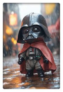 Adorable baby Darth Vader in a cape, standing in the rain, holding a lightsaber.