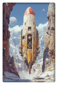 A futuristic, baroque-inspired ancient spaceship hovering between towering canyon walls under a bright sky with distant planets.