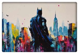 Batman standing over a colorful, splattered urban skyline, painted in vibrant hues.