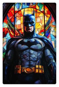 Epic stained glass portrait of Batman in front of colorful angelic wings.