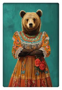 A detailed painting of a bear wearing a traditional Cholita dress, showcasing intricate patterns and vivid colors.