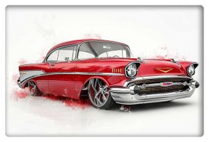 A digitally enhanced custom red 1957 Chevy Bel Air, highlighted with polished chrome and sleek, modern wheels.