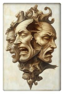 A detailed surrealist artwork depicting three overlapping faces, each expressing intense emotion, symbolizing the inner turmoil of bipolar disorder.