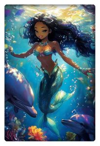 Beautiful AI artwork of a black girl mermaid with flowing dark hair, surrounded by dolphins in an underwater scene.