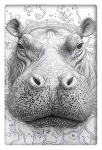 A highly detailed black and white line drawing of a hippo’s face, with swirling abstract patterns surrounding it.