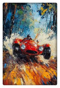 A vibrant red vintage race car speeding through a forest, with water splashing and leaves flying in its wake.