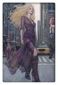 A blonde fashion model in a flowing purple dress struts confidently across a busy New York street.