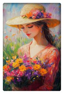 Woman in a hat holding a colorful bouquet of flowers in a vibrant field.