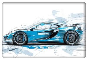 A sleek side profile of a futuristic blue sports car set against a dynamic sketch-style white and gray background.