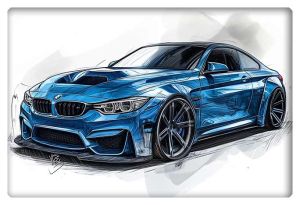 A sleek and dynamic blue BMW M4 sketch, showcasing sharp automotive design and sporty elegance.