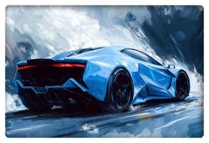 A digitally painted rear view of a futuristic light blue sports car, showcasing sleek aerodynamic curves and high-performance design.