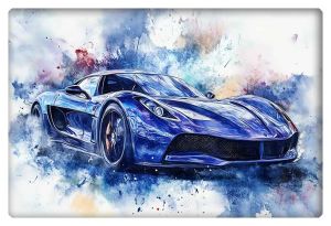 A captivating watercolor artwork of a sleek, modern blue sports car, surrounded by splashes of dynamic color.